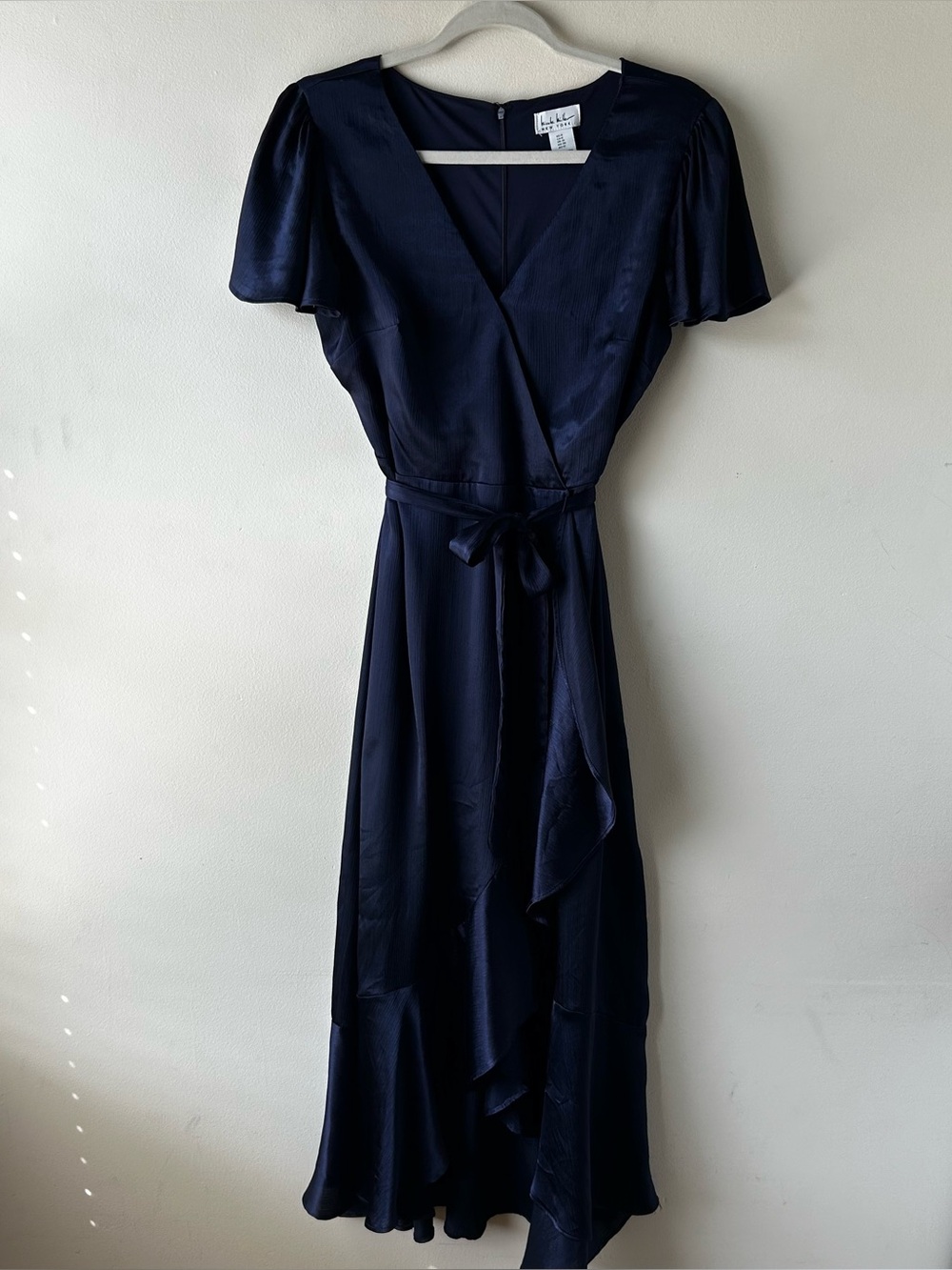 5 FOR $25 | Nicole Miller Faux Wrap Satin Midi Dress Ruffle Navy Short Sleeves 6